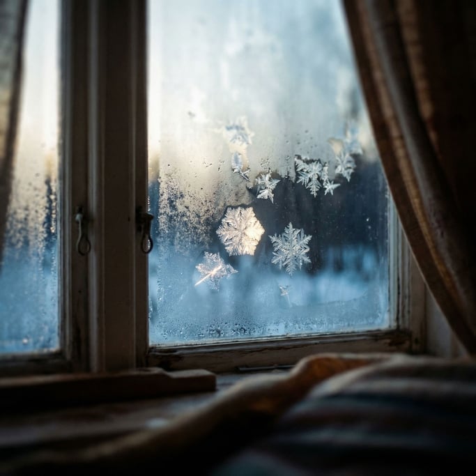 Ice crystals forming on a window pane, fractal patterns backlit by cold morning light (ylhnygqj)