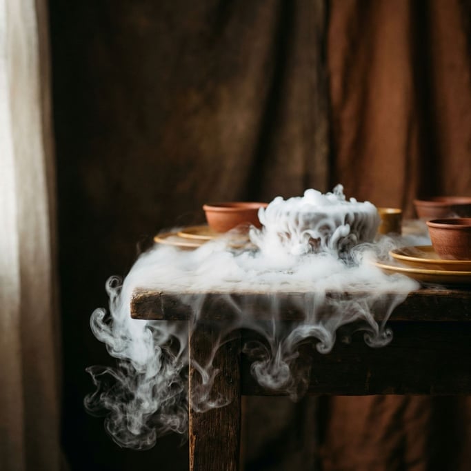 Liquid nitrogen fog pouring over a table edge, cascading white mist against a dark background (7x6s3fwf)