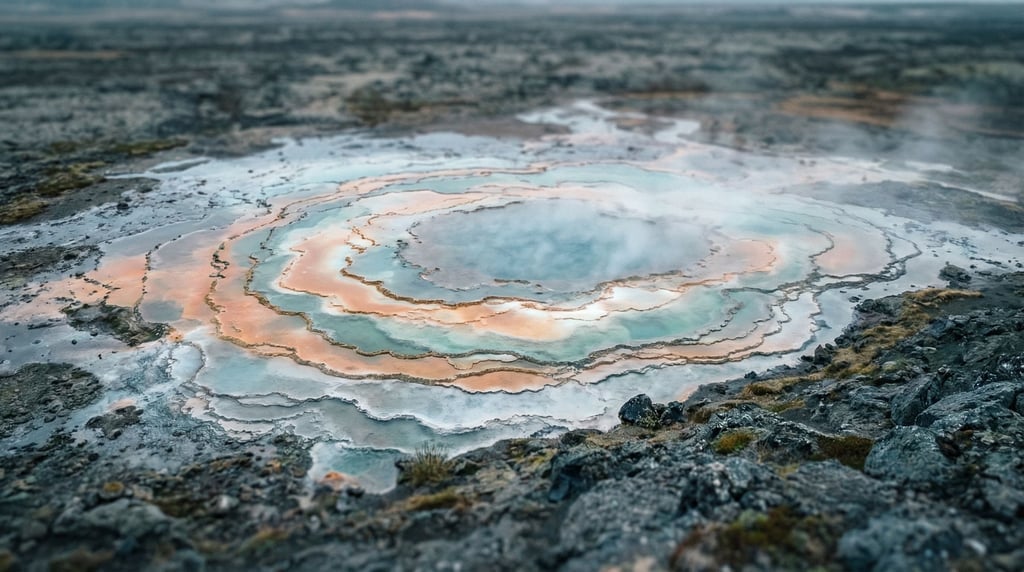Volcanic hot spring, concentric rings of mineral deposits in orange, turquoise, and white (nisdad89)