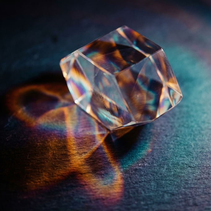Light refracting through a crystal prism, rainbow caustics scattered across a dark surface (rnanvcdk)