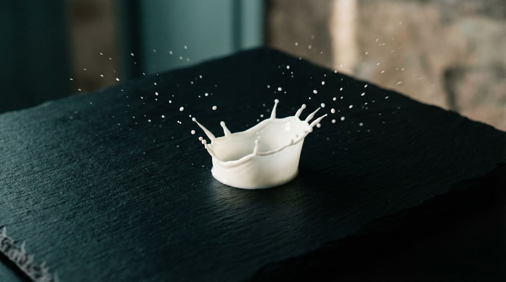 Splashed milk on a dark surface, frozen mid-air, stark white against matte black (0rrduo02)