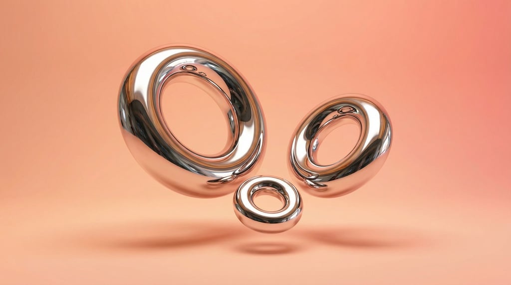Three chrome torus shapes of different sizes floating in a triangular arrangement against a soft pea