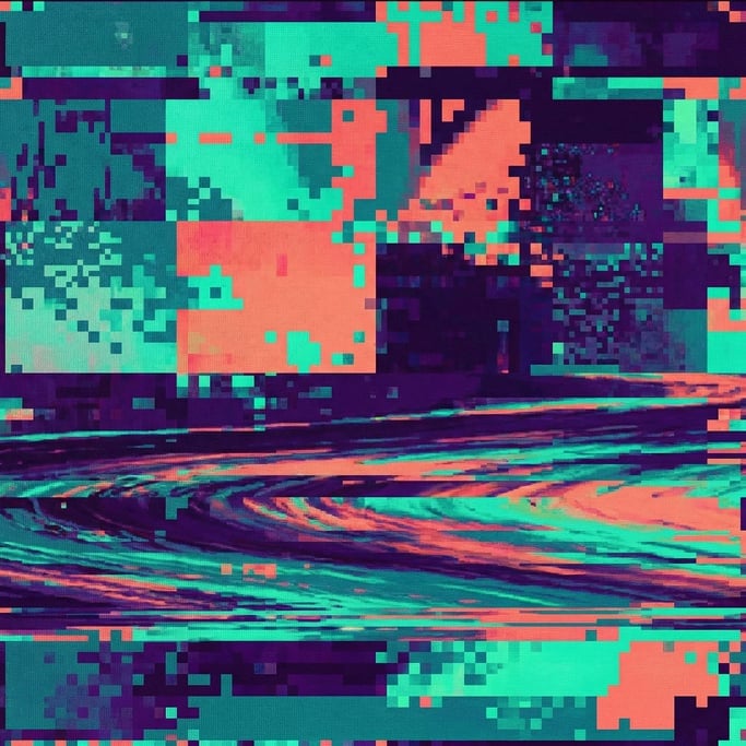 Data-moshed video frame frozen mid-corruption