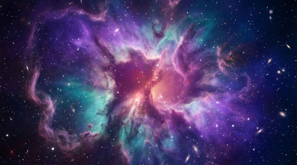 Deep space nebula rendered in vivid purples and teals with pinpoint white stars scattered throughout