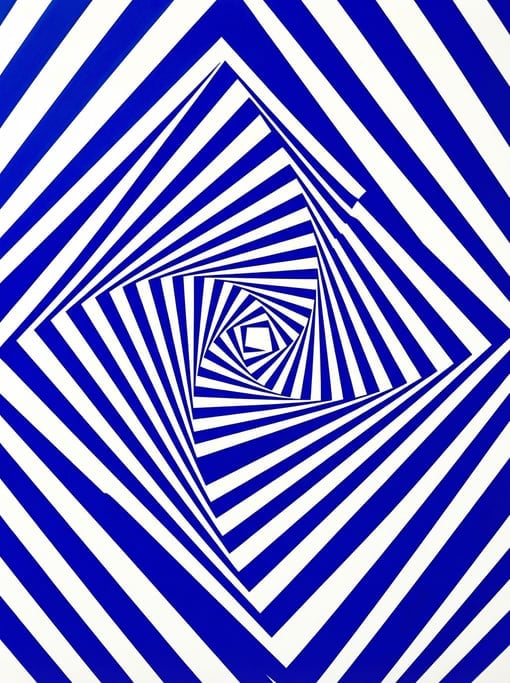 Concentric squares rotated at 45 degrees to each other tunnel inward in a bold op-art pattern