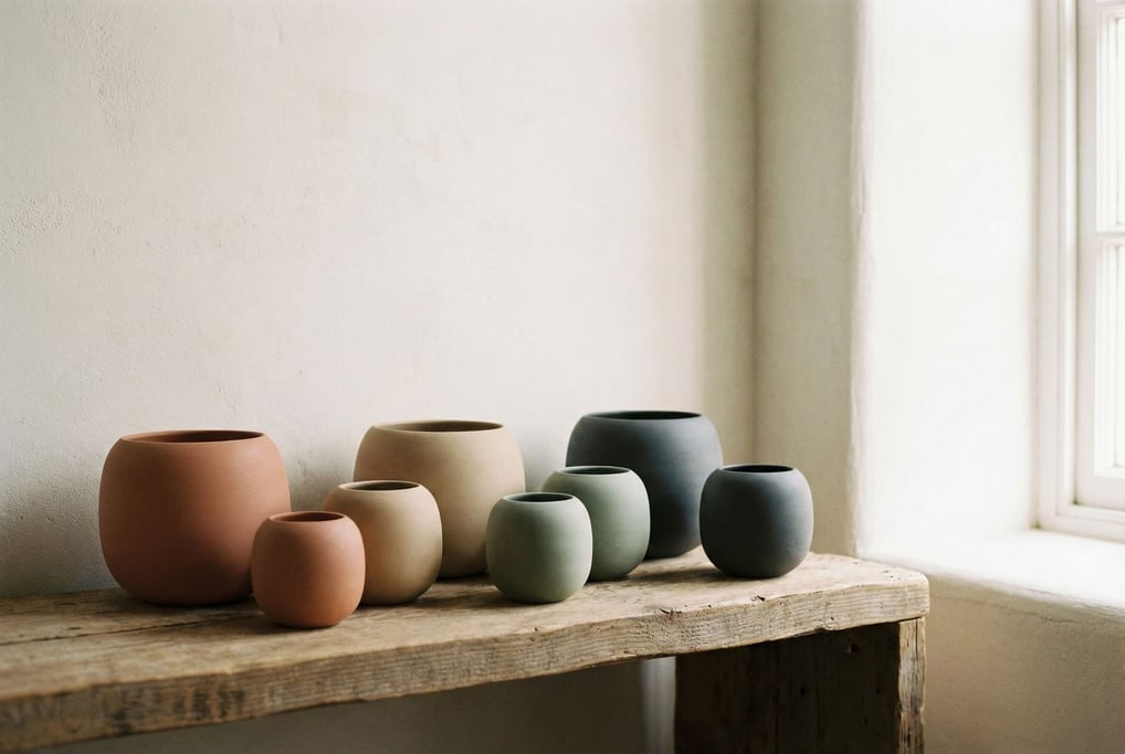 A shelf of smooth matte ceramic vessels in graduated sizes
