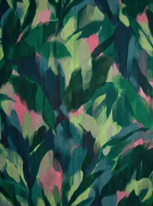 Overlapping leaf silhouettes in deep forest green and teal and lime — dense tropical foliage abstracted into pure color and shape