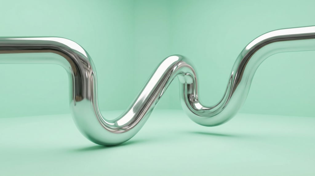 A single long curved chrome pipe snaking through the center of a pastel mint green space