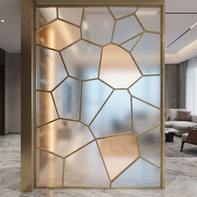 Frosted glass and gold define a Voronoi tessellation — irregular polygon cells separated by thin gold metal dividers