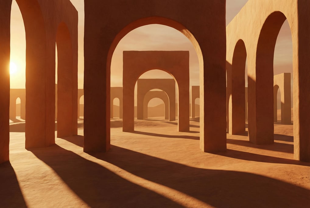 A group of matte clay-colored arches and columns arranged like a de Chirico painting but without any recognizable architecture