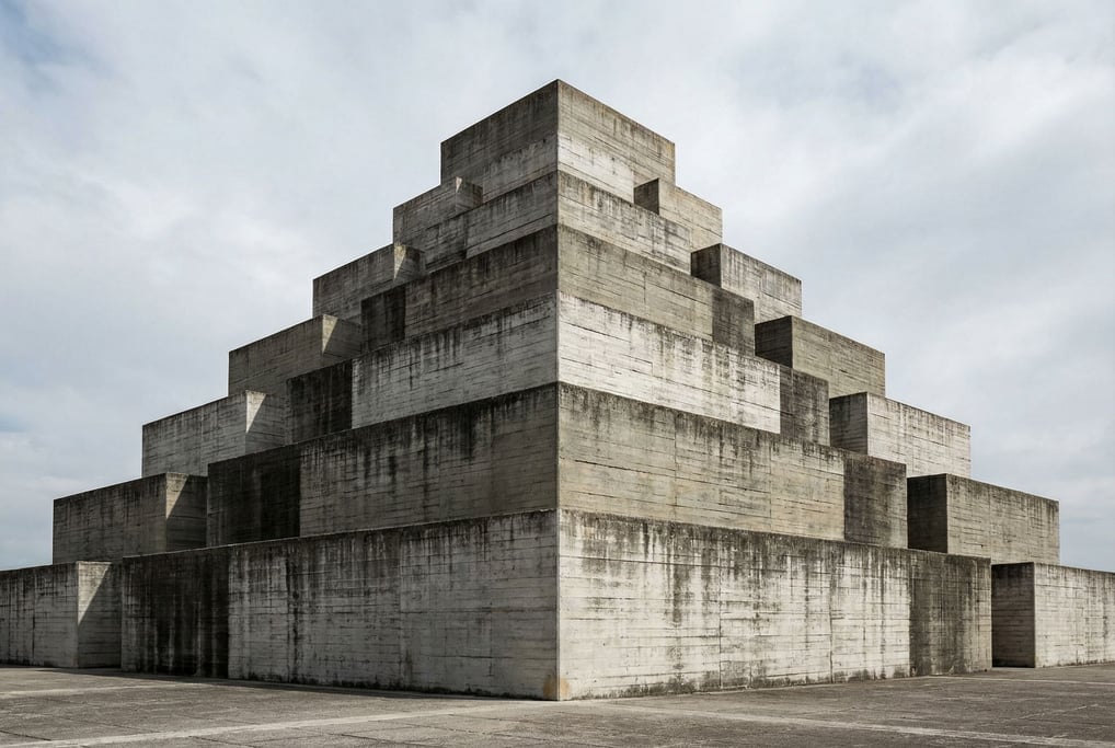 Brutalist concrete stepped pyramid structure viewed from the front