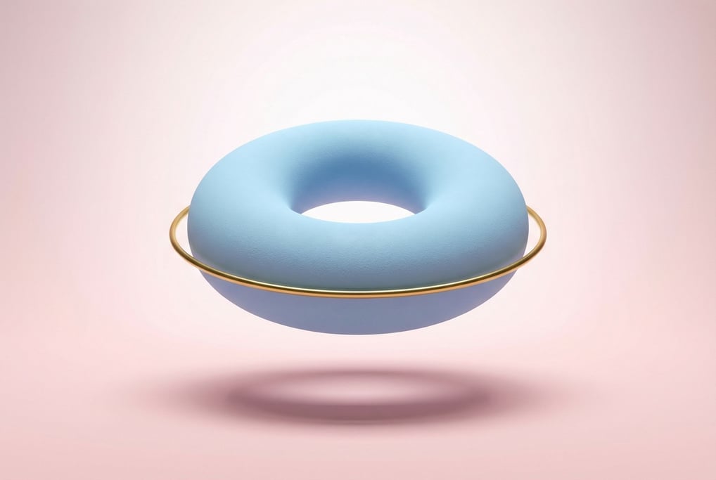 A massive donut-shaped sculpture in matte baby blue floating above a pale pink floor