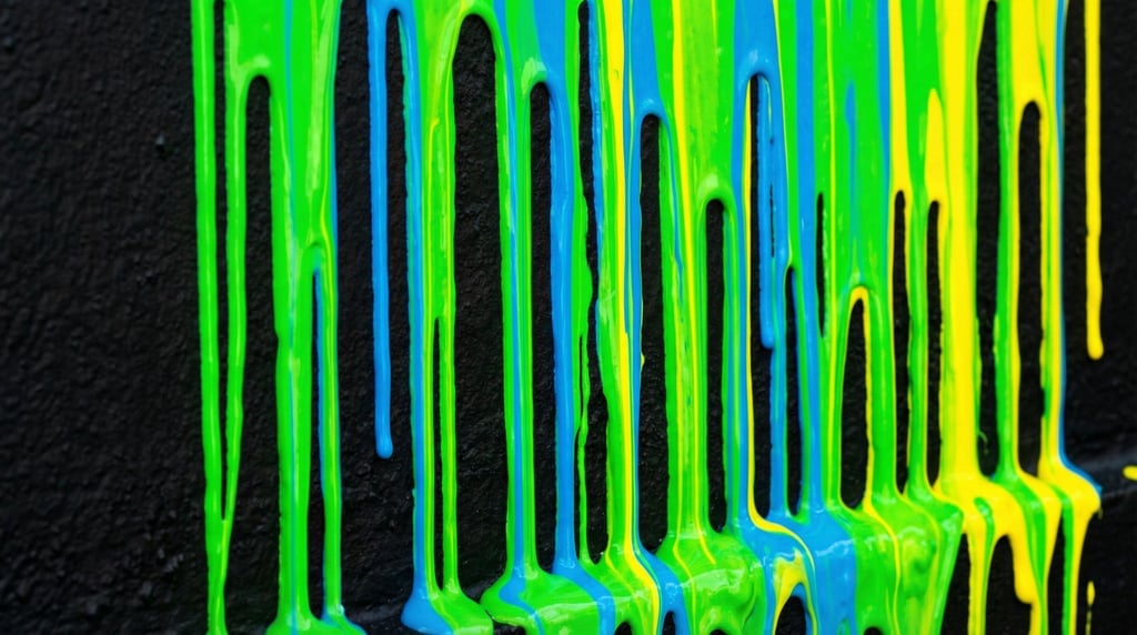 Thick rivers of dripped enamel paint flowing down a vertical surface captured from the side