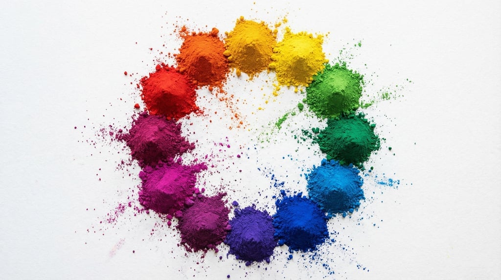 Aerial view of pigment powder arranged in a color wheel on a white surface