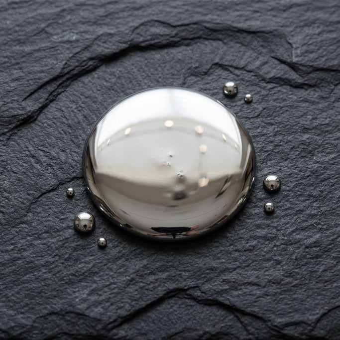 Spilled mercury pools on dark slate — a perfectly flat circle of liquid metal with mirror finish reflecting the ceiling and lights above in miniature