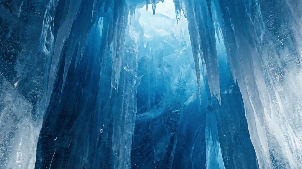An immense cavern of ice rendered as pure blue and white abstraction