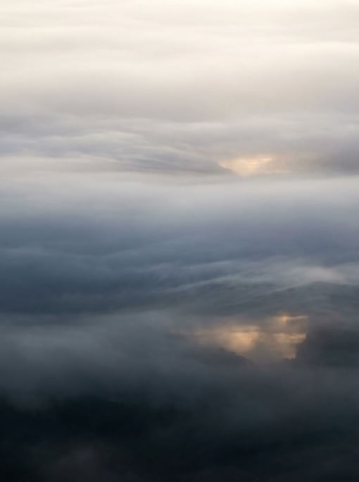 Dense fog layers in a vertical composition — the topmost zone is pale pearl white