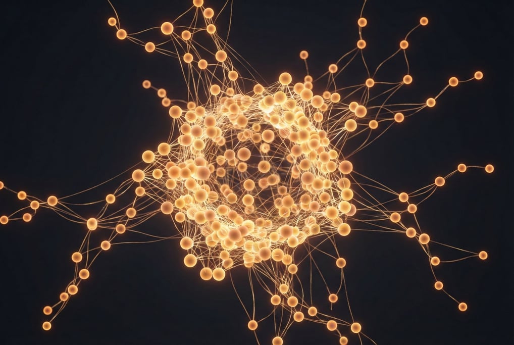 A neural network visualization, interconnected nodes represented as glowing orbs of warm amber light