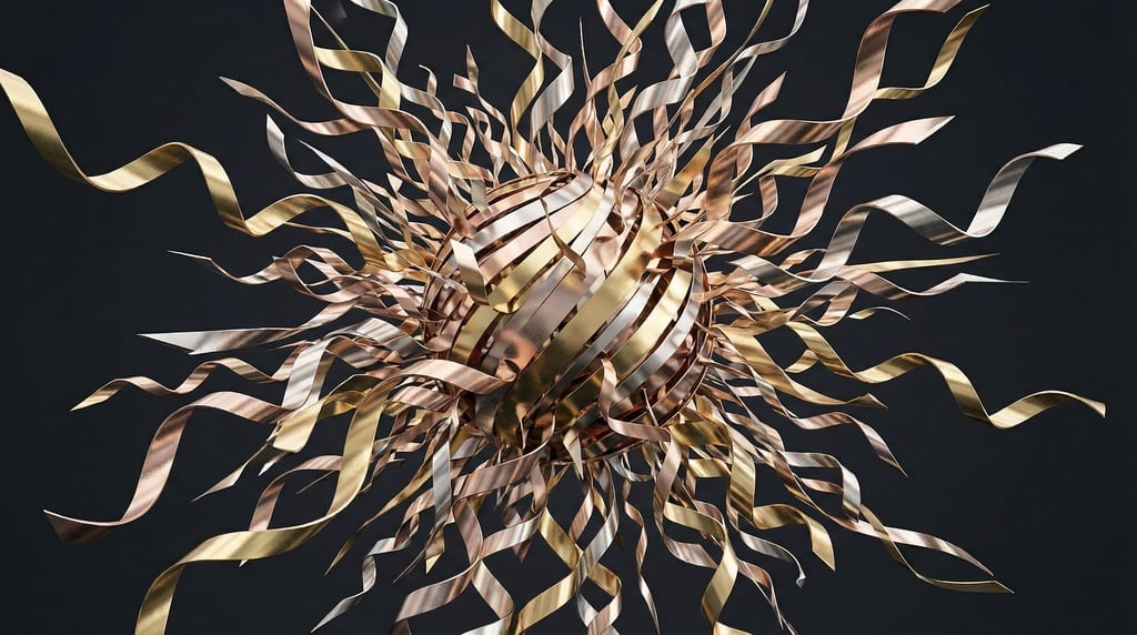 An explosion of thin metallic ribbons frozen mid-burst