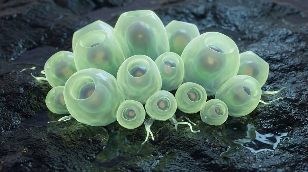 A colony of translucent bio-organic pods clustered on a surface like barnacles or coral polyps