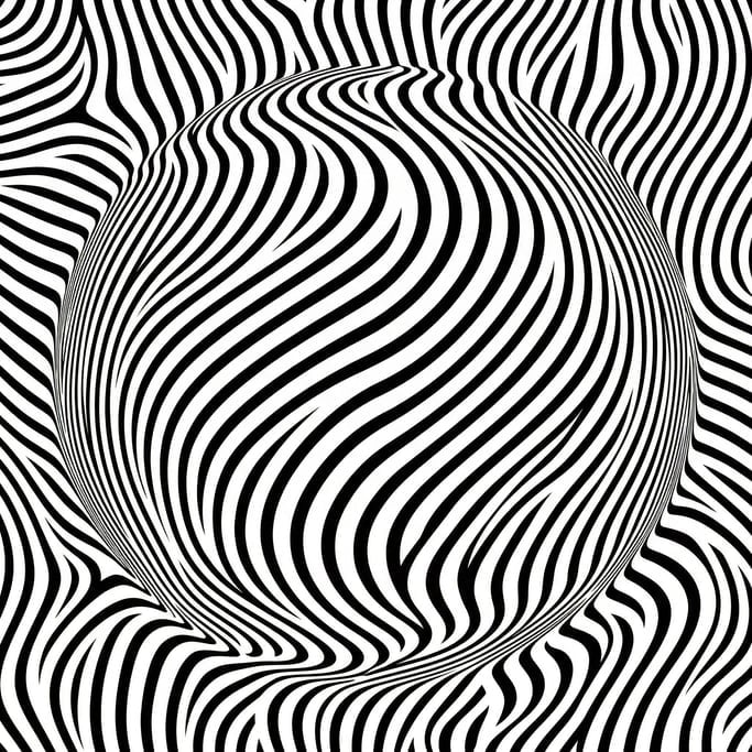 Wavy parallel lines undulate to suggest a spherical form pushing through a flat surface — pure op-ar