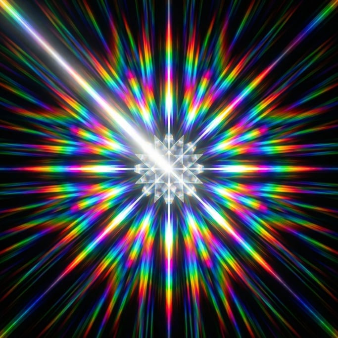 A radial burst of prismatic light fills the square frame — white light enters from the center and sp