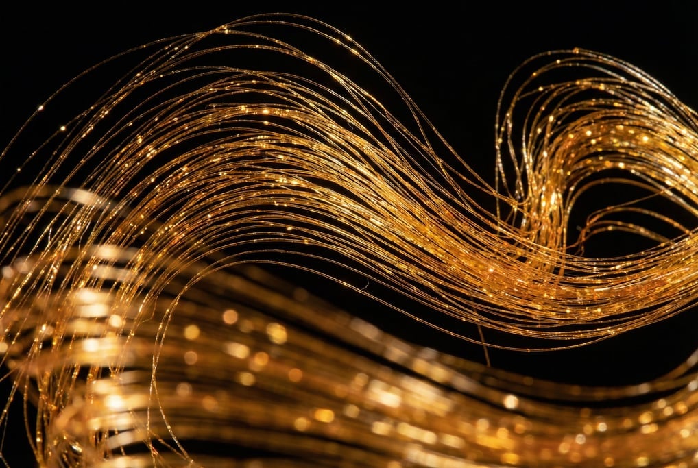 Spun sugar threads catching light like fiber optics