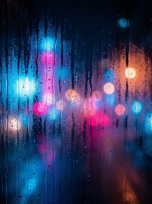 Condensation trails down cold glass — each droplet catching and refracting a blurred neon cityscape