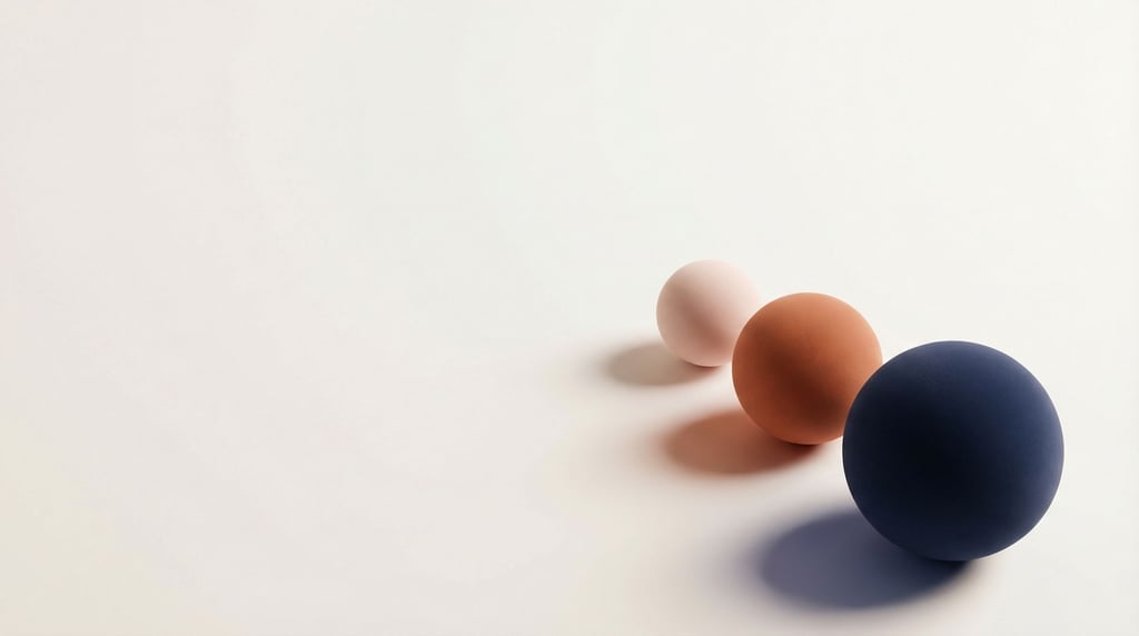 A minimalist composition of three matte spheres in graduated sizes arranged in a diagonal line