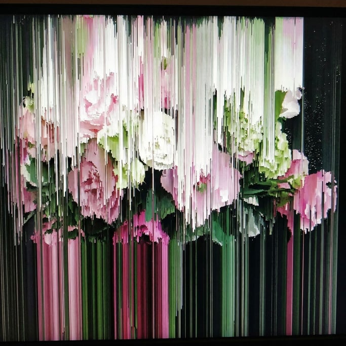 Vertical columns of pixels rearranged by brightness value cascade like digital waterfalls — aggressive pixel sorting artifact applied to a floral image