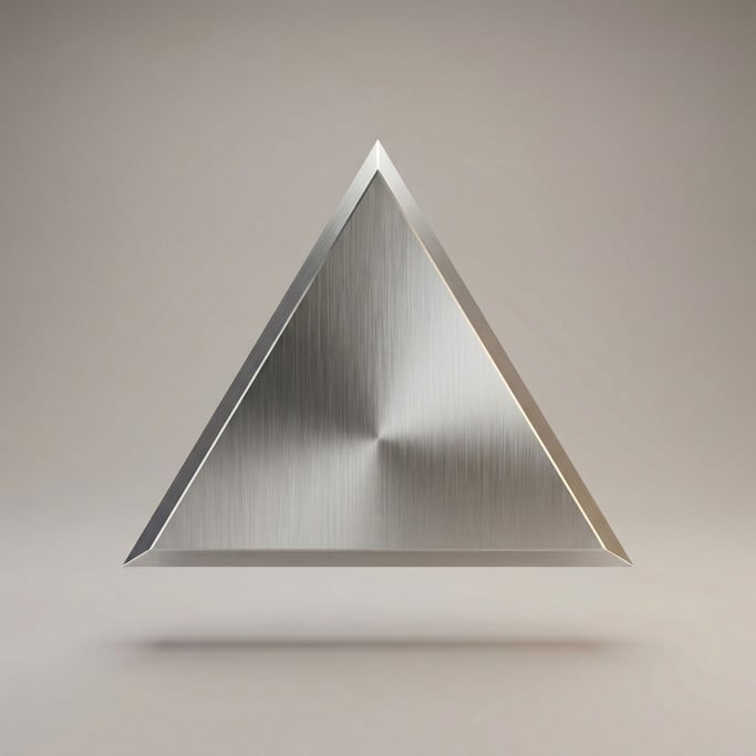 Brushed aluminum cut into a perfect equilateral triangle floats at the center of a soft warm grey gradient — directional grain running vertically creates anisotropic reflections across the metal surface
