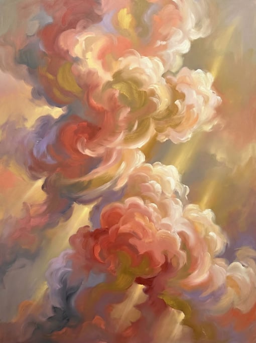 Cream and peach and deep coral and gold build a towering cloud formation lit by sunset — abstracted to pure color and form with no ground or horizon