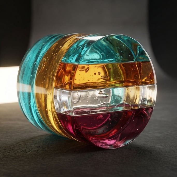 Strata of turquoise and amber and clear and ruby glass fused together reveal themselves in cross-section — each layer carrying different transparency and internal bubble patterns