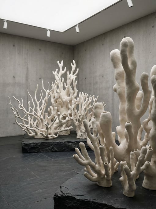 Pale bone-white ceramic coral-like growths branch and split organically — scaled up to furniture size