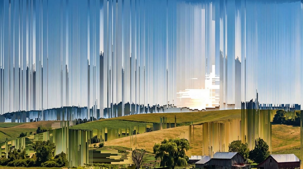 A glitch landscape where rolling hills have been pixel-sorted into vertical streaks of green and gold