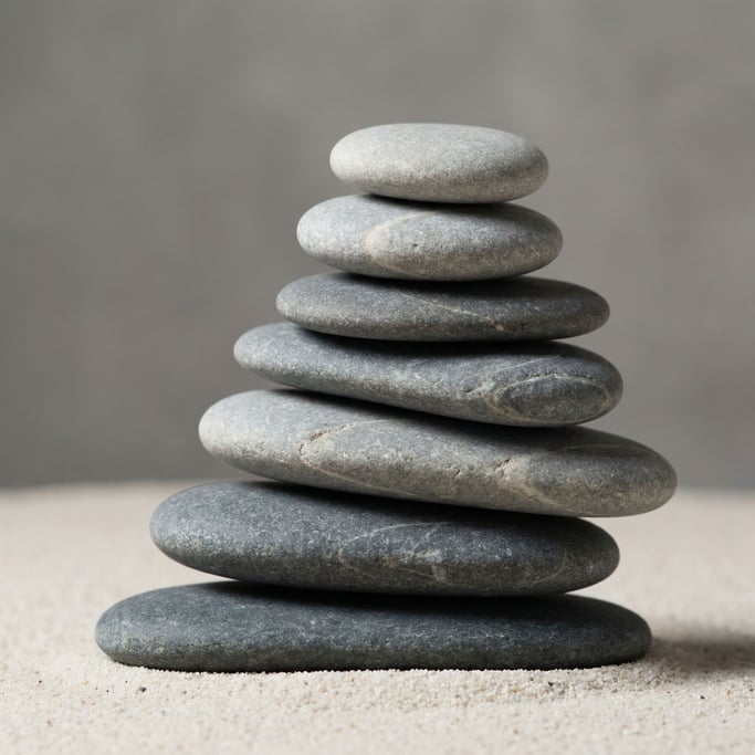 Stacked flat river stones in graduated grey tones — each slightly smaller than the one below — form a contemplative cairn