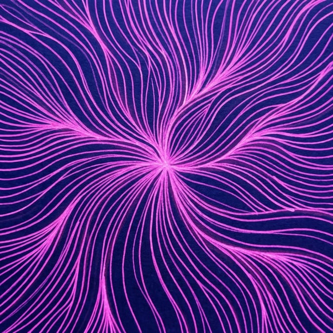 Thin lines in fluorescent magenta ink on deep navy paper radiate outward from the center like a starburst — varying slightly in weight and spacing to create an organic pulsing rhythm