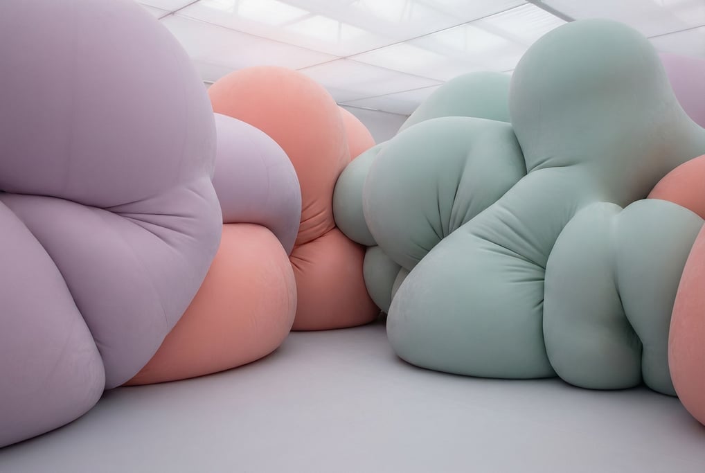 An abstract landscape of inflated latex forms in matte pastel colors