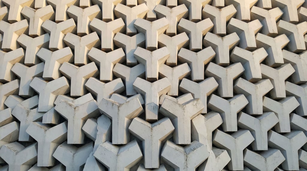 A sculptural wall of interlocking Y-shaped forms in matte white concrete