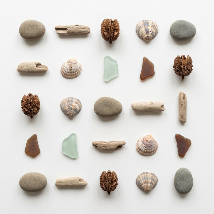 Smooth pebbles and driftwood pieces and dried seed pods and weathered shells and sea glass fragments — found natural objects arranged in a flat-lay grid on white