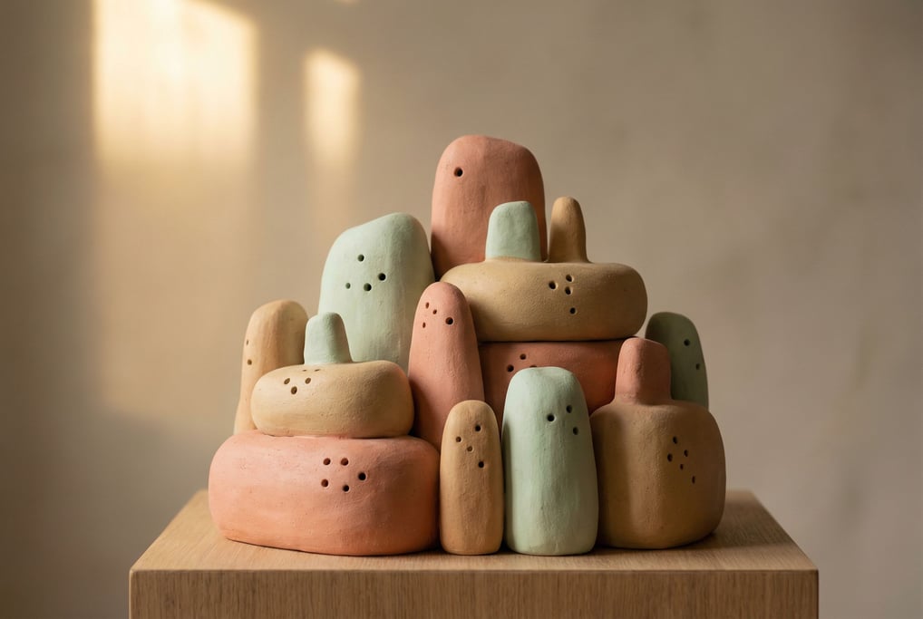 An abstract interpretation of a coral reef as stacked rounded forms in warm salmon pink and cool mint and sandy beige