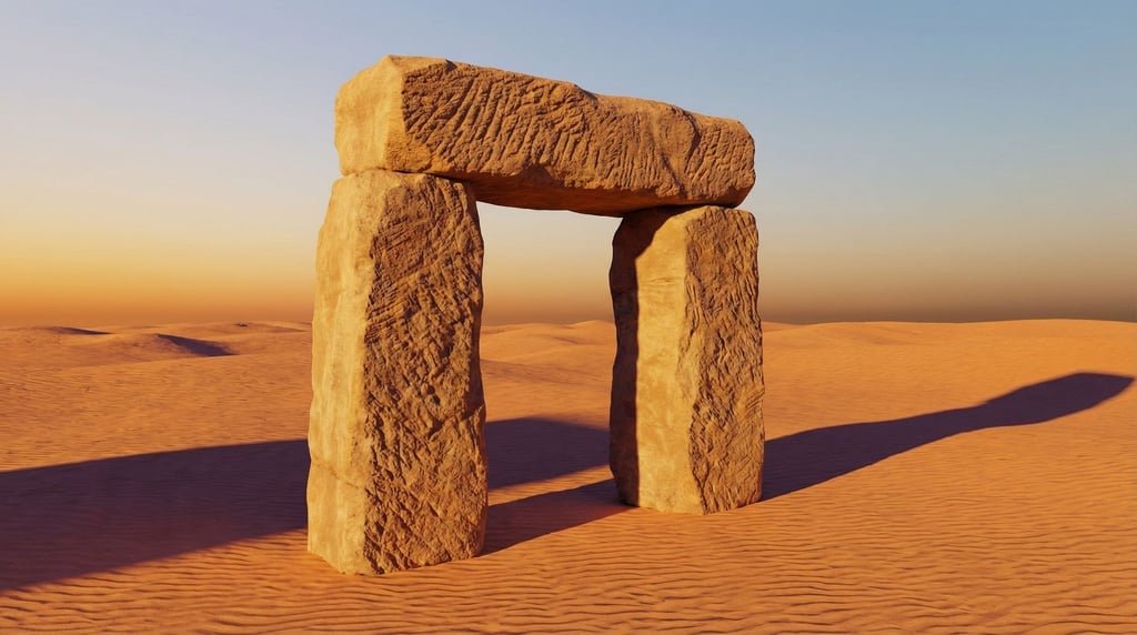 An arrangement of massive stone blocks in warm sandstone arranged like a minimalist Stonehenge