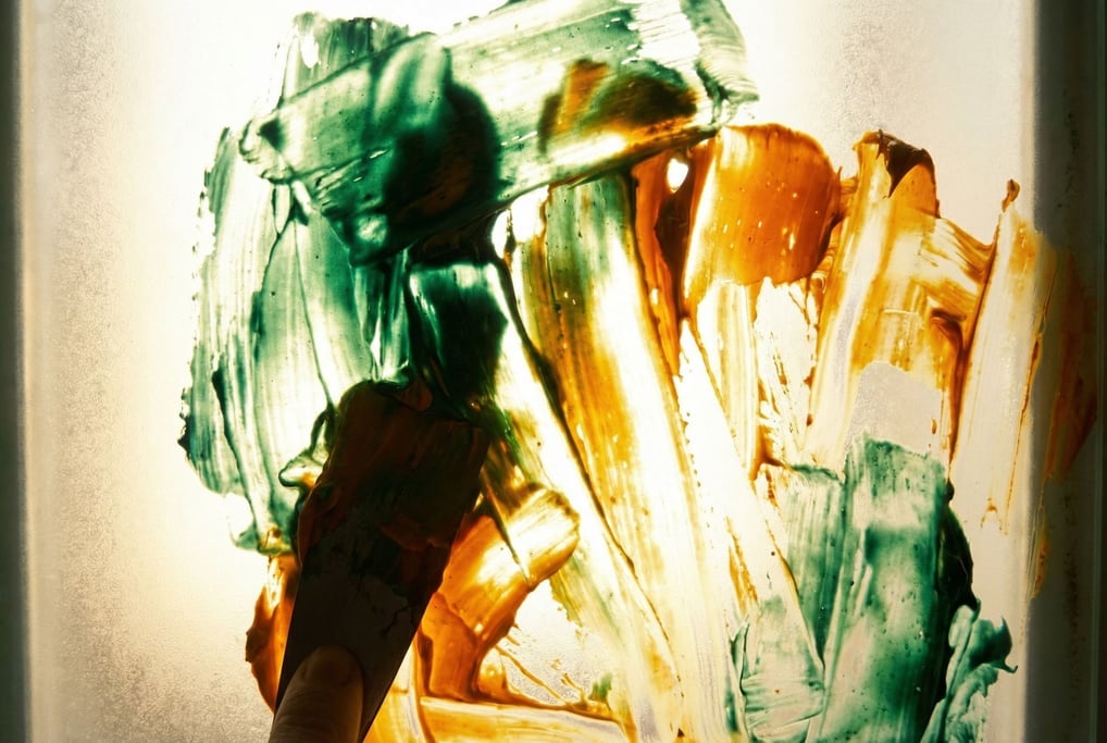 Wet oil paint smeared across a glass surface and photographed from behind