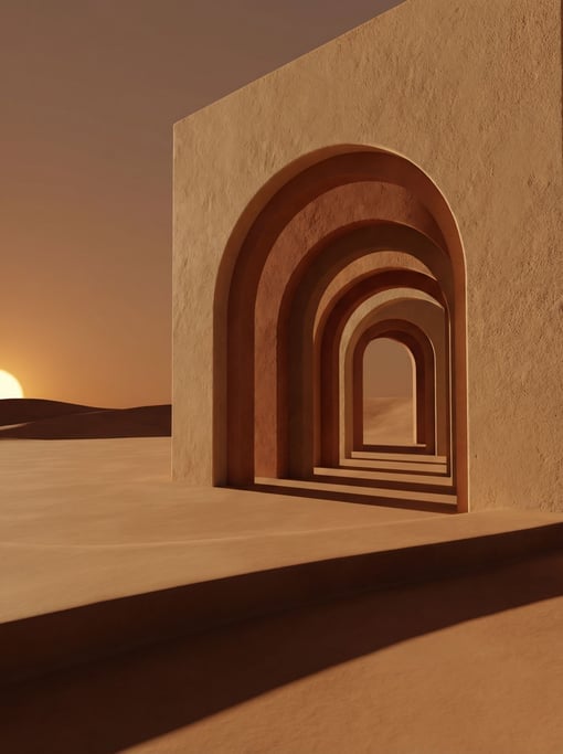 Matte clay-colored arches frame views of more arches in recursive depth — warm terracotta and sand and sienna tones under long dramatic shadows from a low late-afternoon sun entering from the left