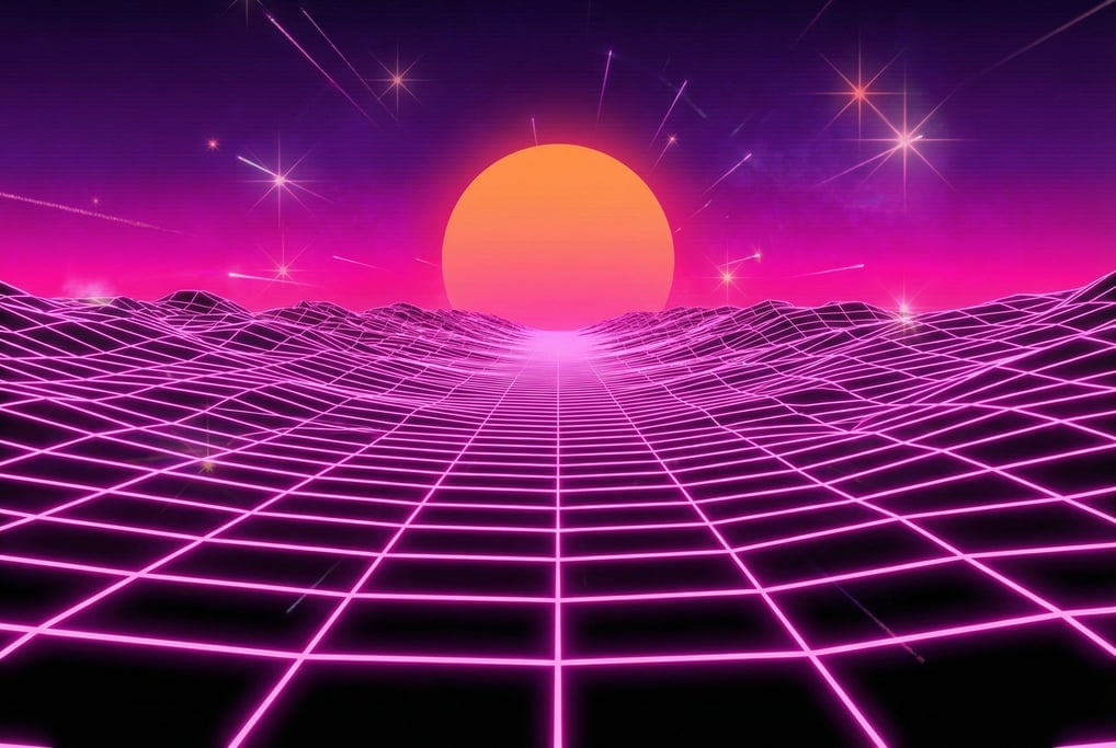 A retrofuturistic wireframe landscape like an 80s music video