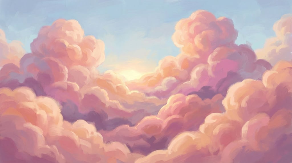 An abstract cloudscape of cotton-candy pink and apricot cumulus forms filling a pale blue sky