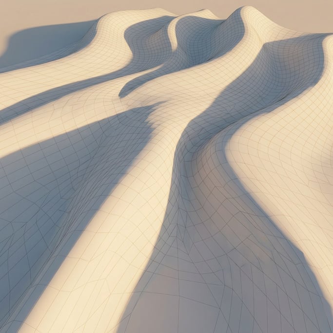 Warm late-afternoon light slices across a parametric surface rendered as a continuous undulating mesh — matte white and lit to reveal topography through shadow