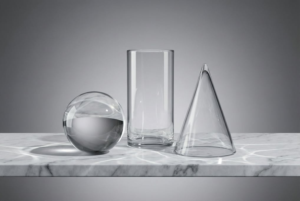 A still life of geometric glass vessels on a marble shelf