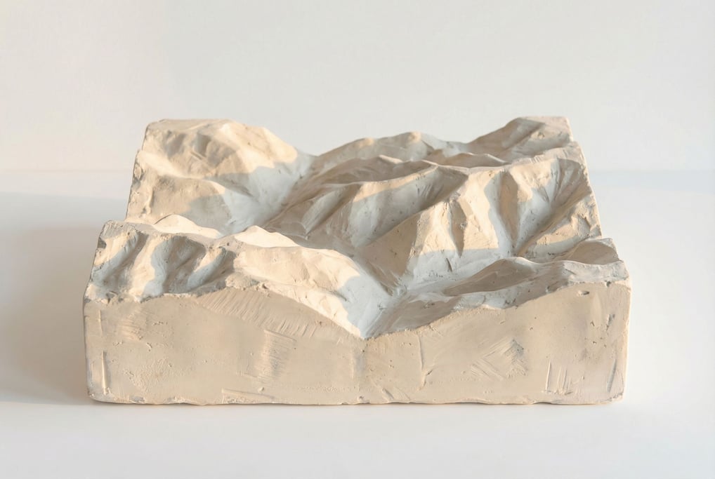 A topographic relief map carved from a single block of white plaster