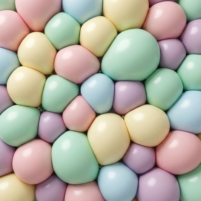 Glossy pastel balloons in blush pink and butter yellow and mint green and baby blue and lilac press against each other in a tight cluster filling the entire frame — flat contact surfaces with subtle shadow lines between them